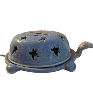Ceramic pottery turtle tealight candle holder w/star-shaped cutouts by L. Lunt
